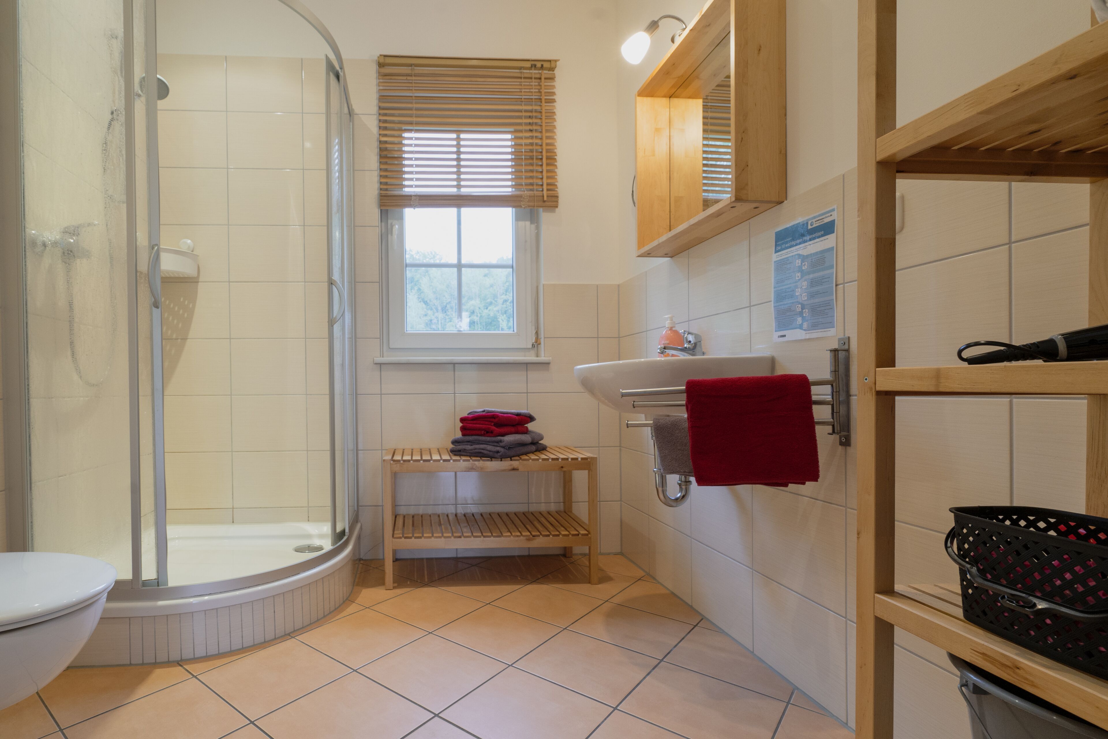 A bathroom with a glass-enclosed shower, a sink, and a wooden shelf with towels.
