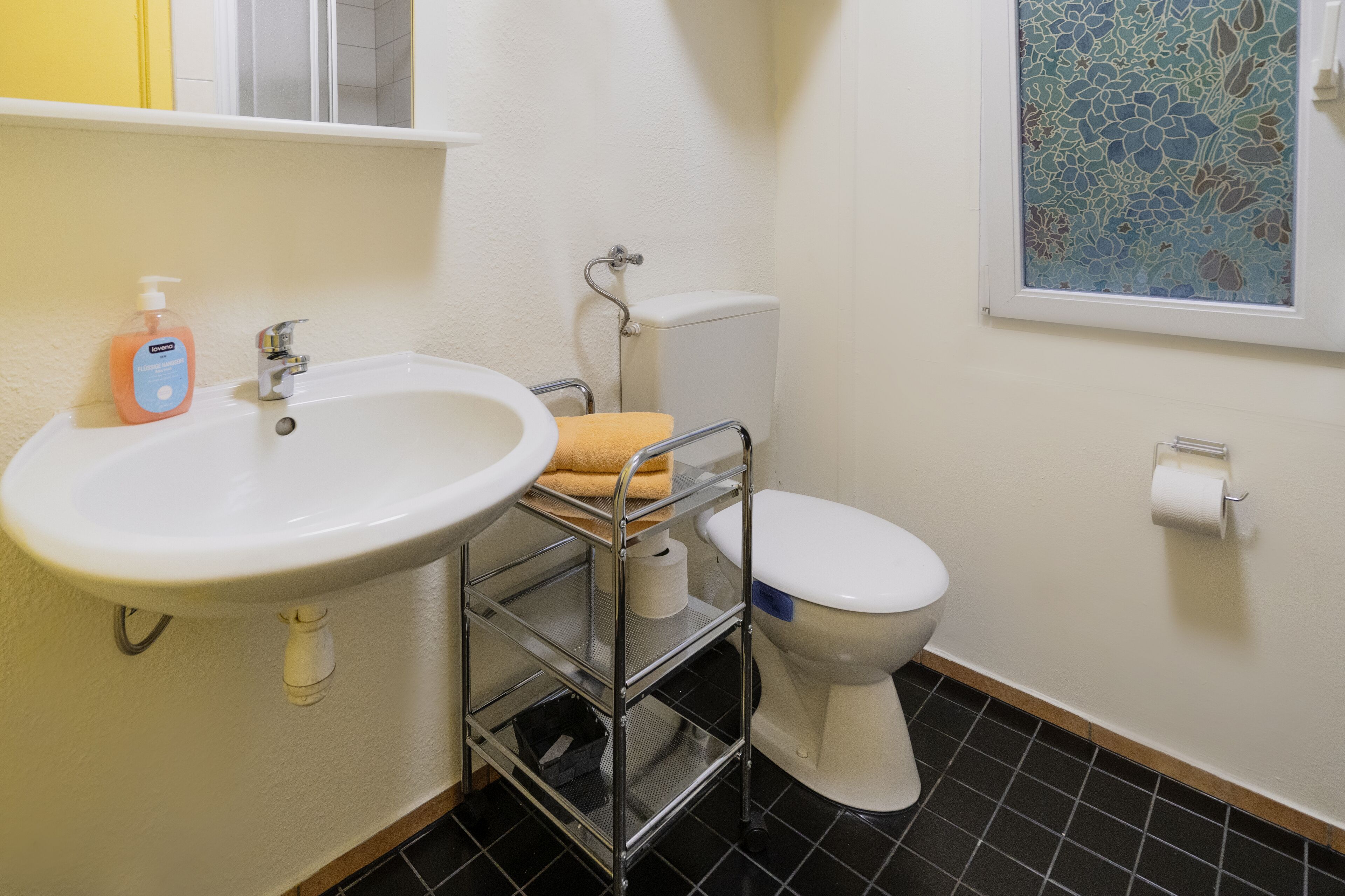A bathroom with a white sink, toilet, and a small shelf with a towel and toilet paper.
