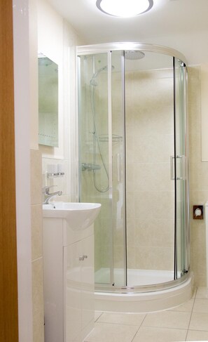 Combined shower/bathtub, free toiletries, hair dryer, towels