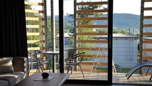 Een moderne woonkamer met een bank, een eettafel en uitzicht door grote glazen deuren op een terras met stoelen en een ladder.