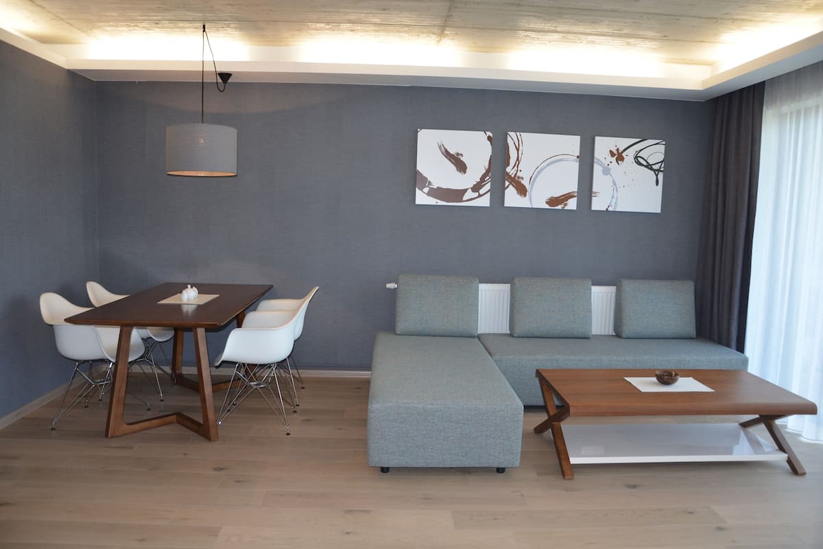 Premium appartement, 1 slaapkamer, patio | Een kluis op de kamer, een bureau, verduisterende gordijnen