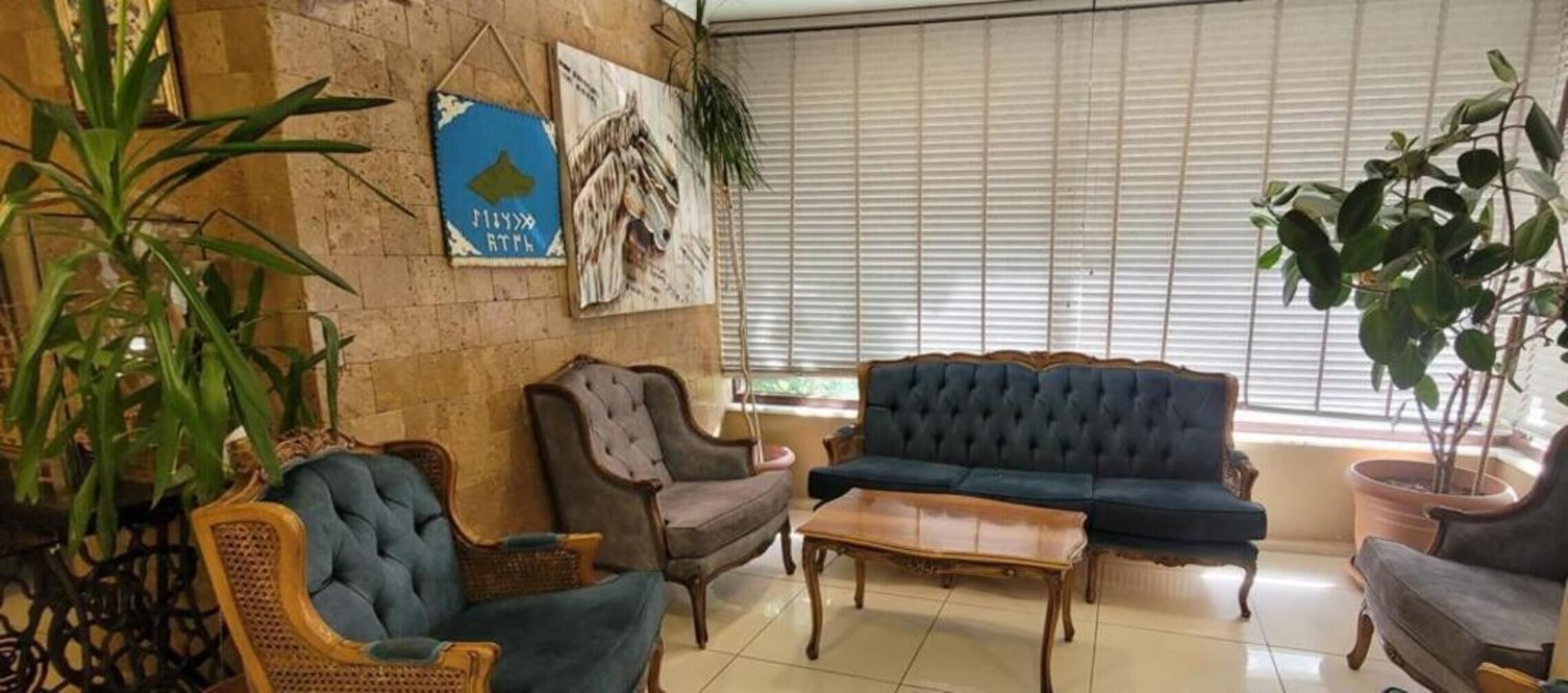 Una sala de estar con un sofá azul, una mesa de centro de madera y dos sillones. Hay plantas en macetas y un cuadro en la pared.