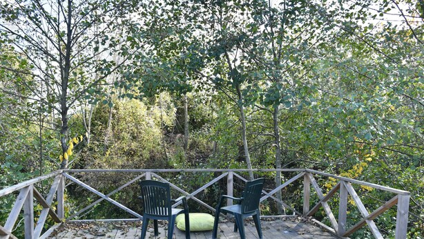 Una terraza de madera con dos sillas y un banco, rodeada de árboles.