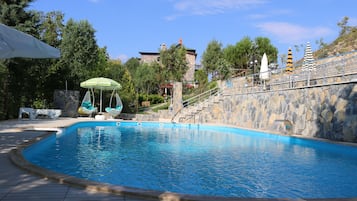 Seasonal outdoor pool, pool umbrellas, sun loungers