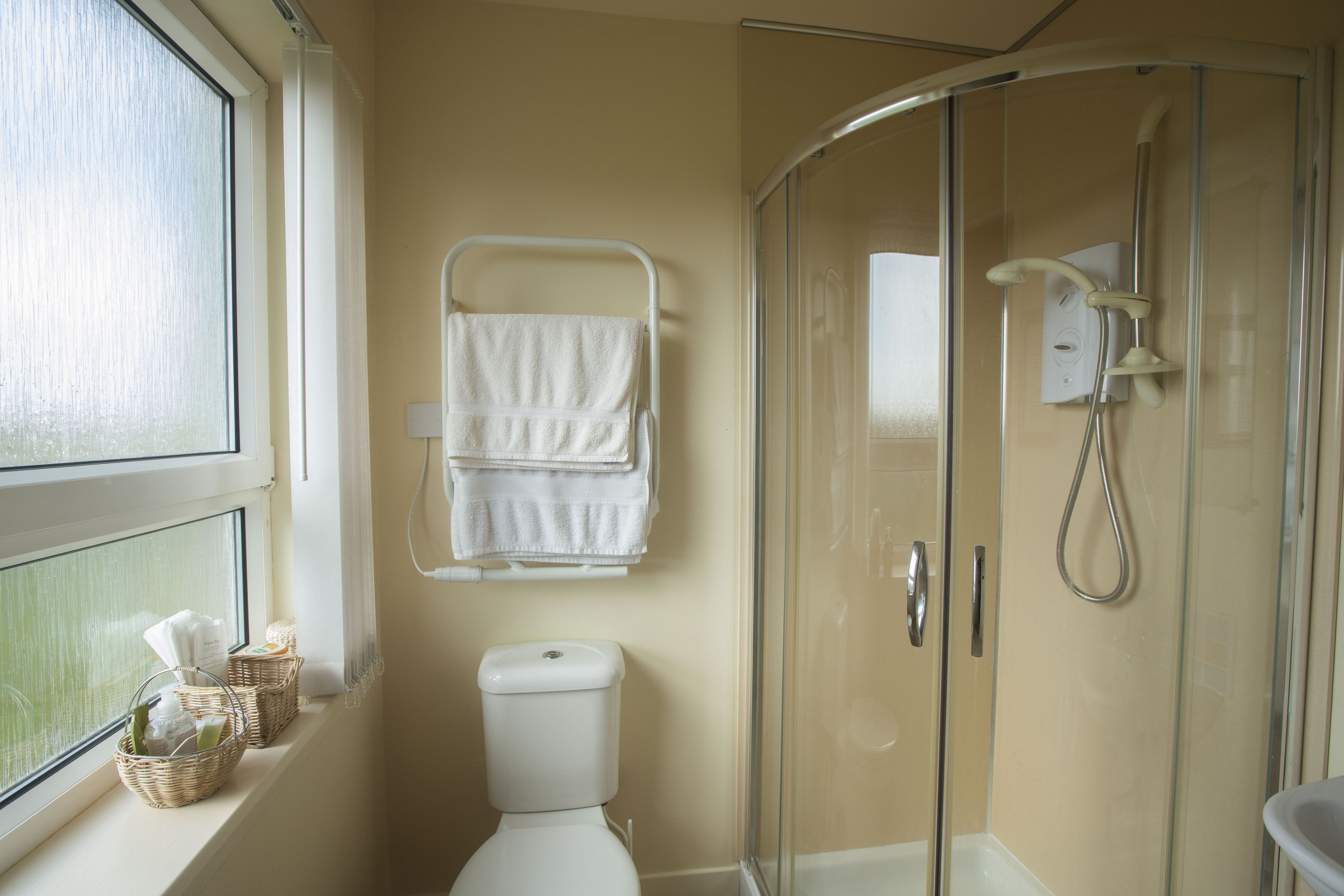 A bathroom with a toilet, a glass shower enclosure, and a window with a view.