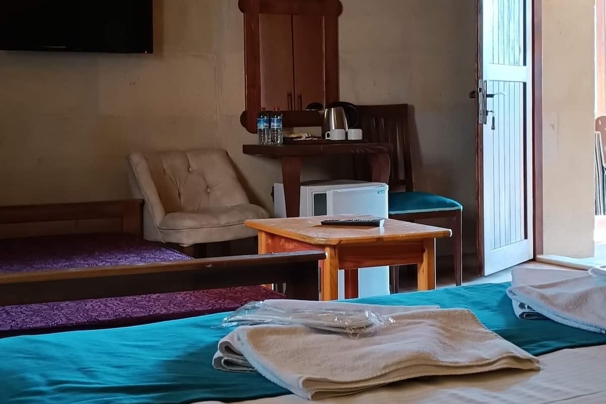 A room with two beds, a wooden ceiling, a television, a wooden cabinet, and a table with a kettle.