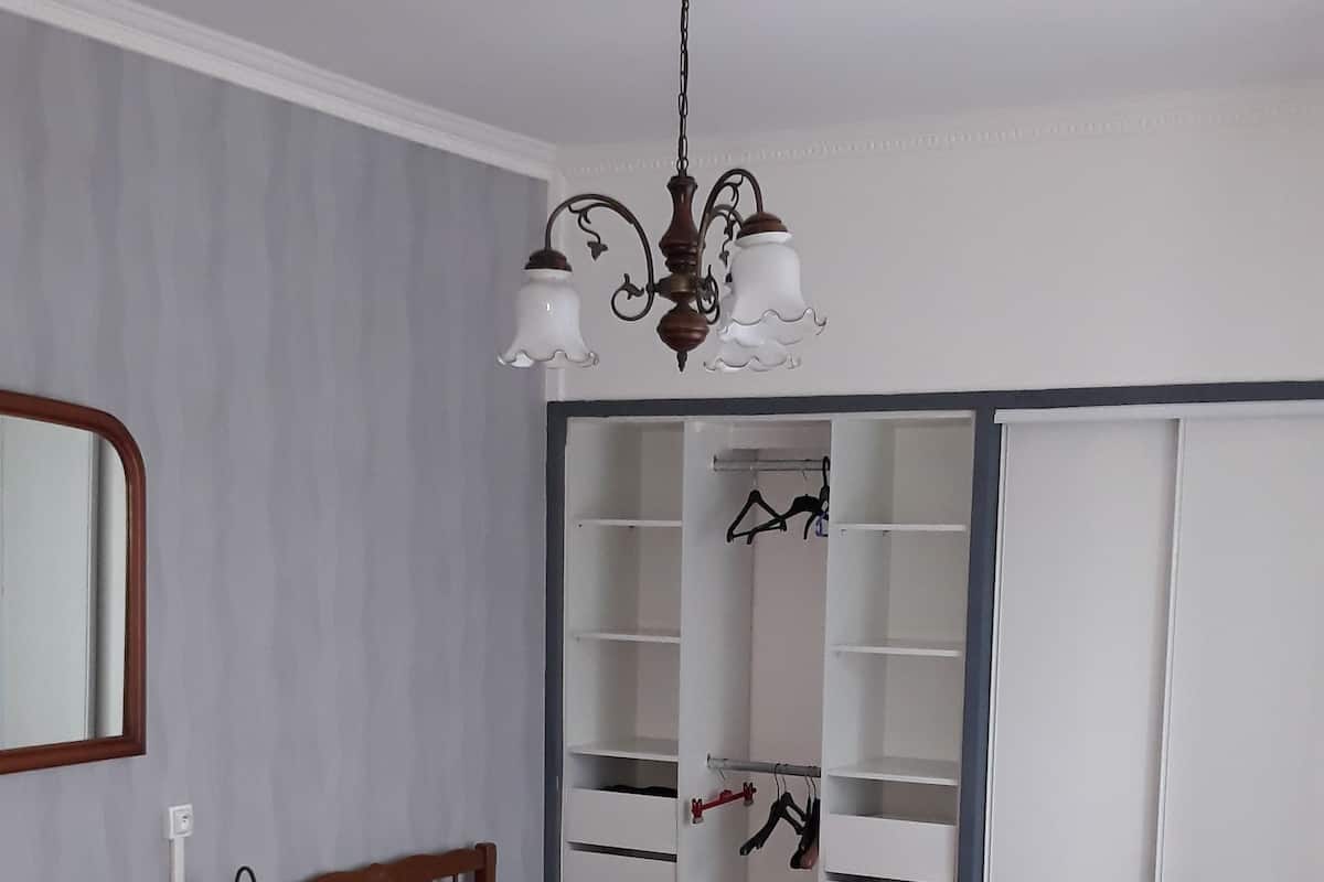 A bedroom with a wooden bed, a nightstand, a mirror, a chandelier, and a wardrobe with hanging space.