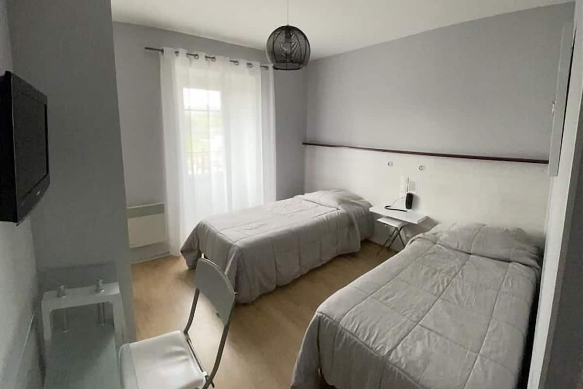 Une chambre d’hôtel avec deux lits simples, une petite table de chevet avec une lampe, une chaise, un téléviseur fixé au mur et une fen être avec des rideaux légers.