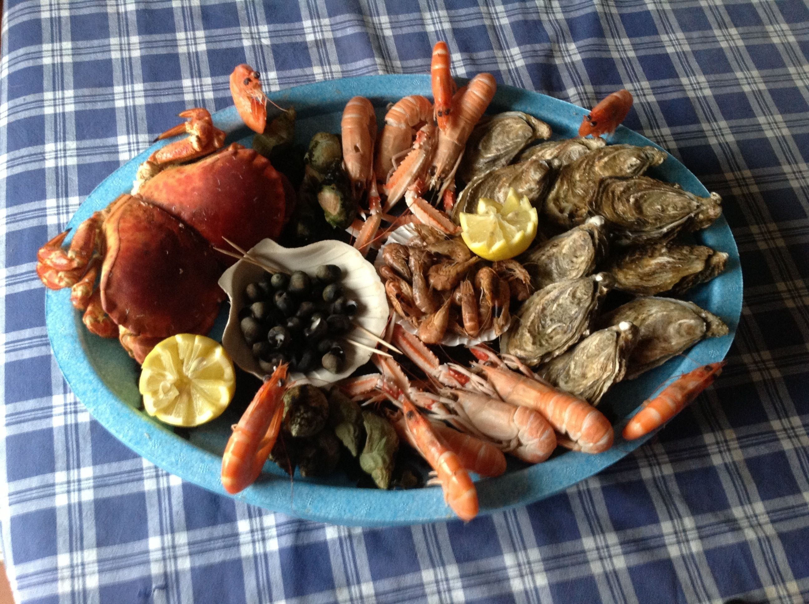 Een visplateau met verschillende schelpdieren en een krab op een blauw bord.