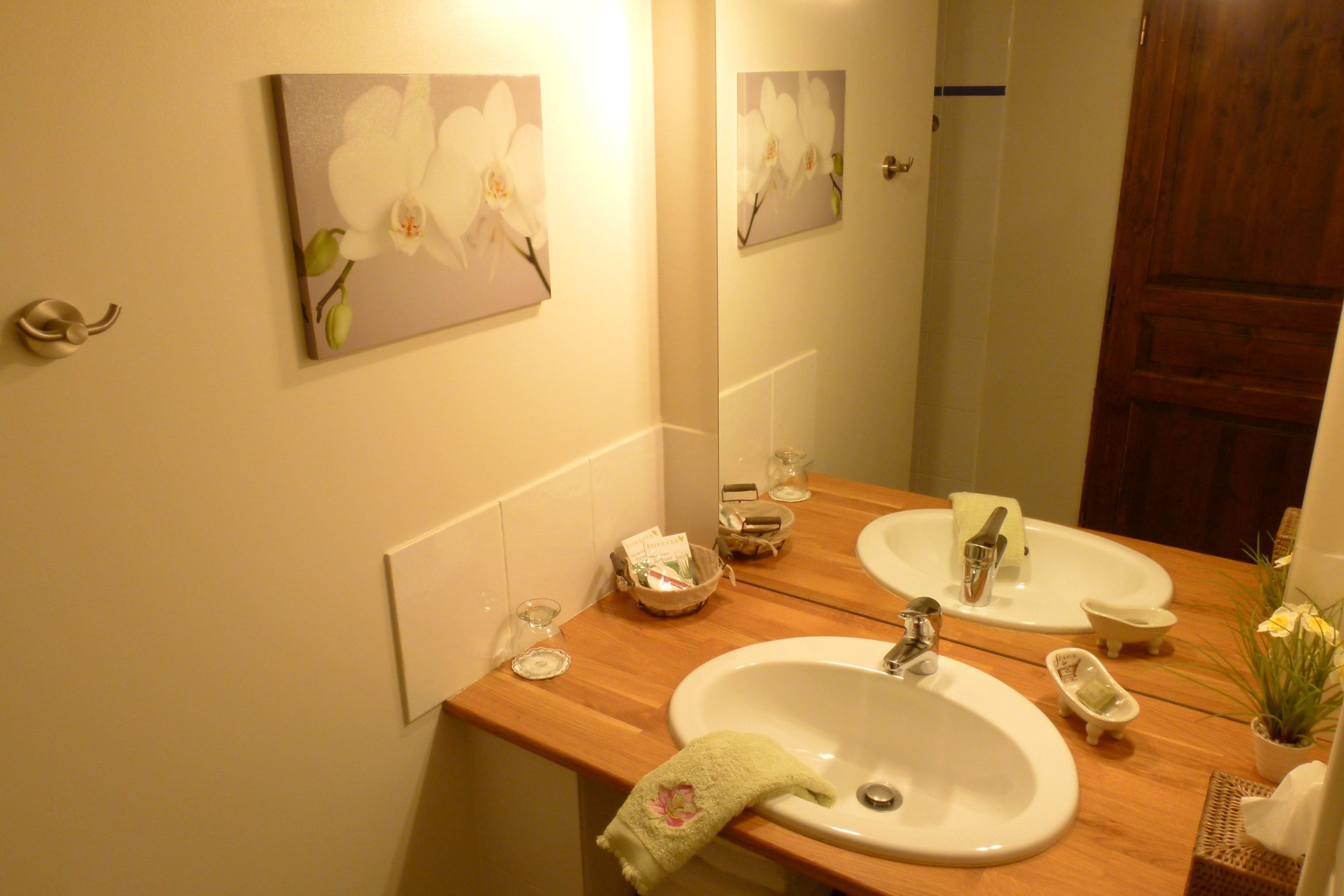 Une salle de bain avec un meuble-lavabo en bois, deux vasques, un miroir et des décorations murales représentant des orchidées.