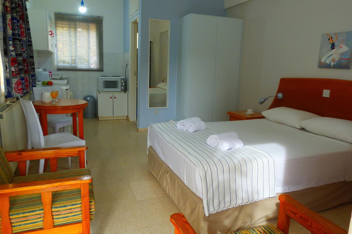 Studio, 1 dobbeltseng, hageutsikt | Oppholdsområde | Flatskjerm-TV