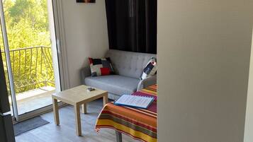 A room with a grey sofa, a striped table, and a view of greenery outside.