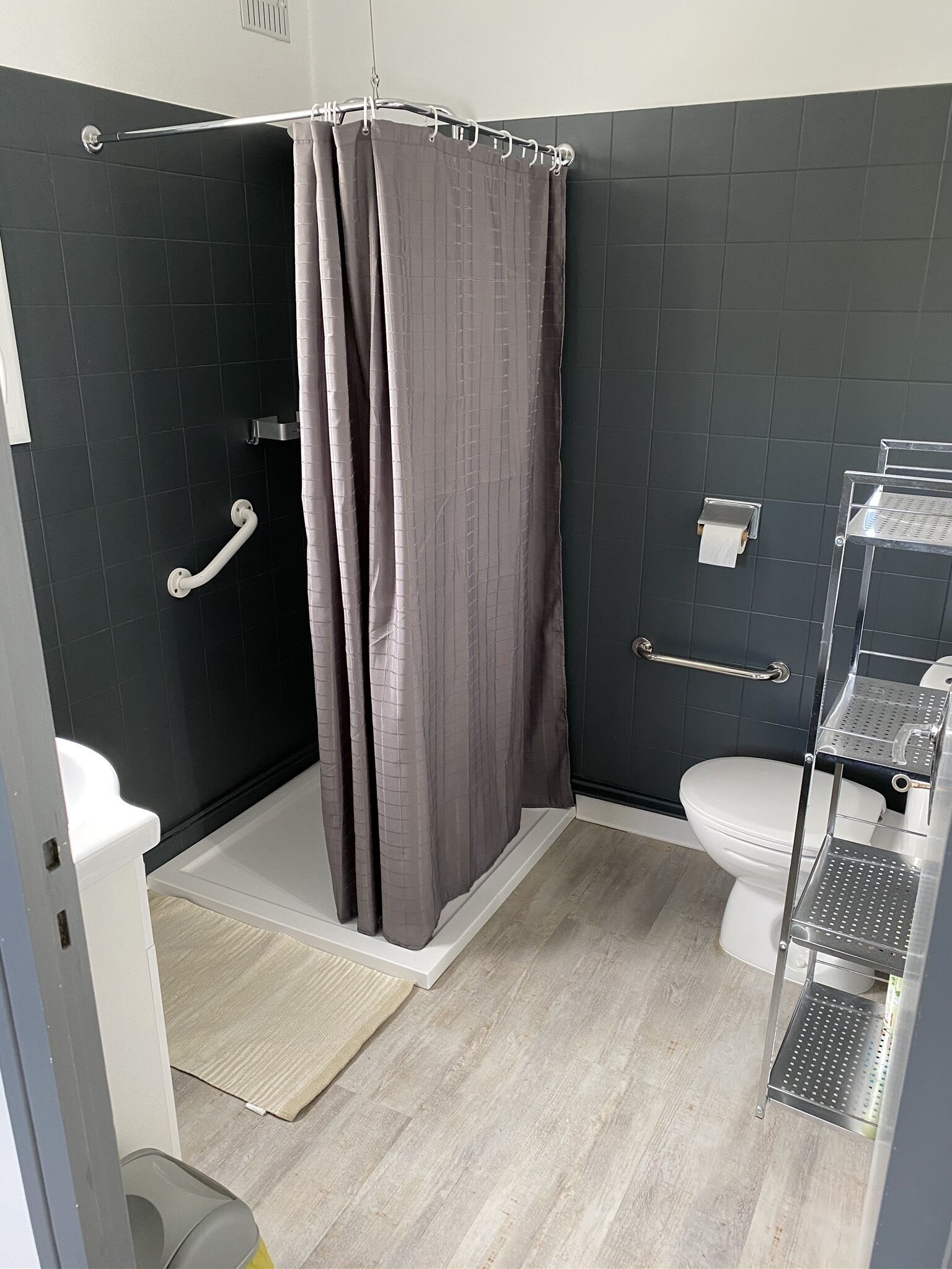 A bathroom with a shower, toilet, and a grab bar.
