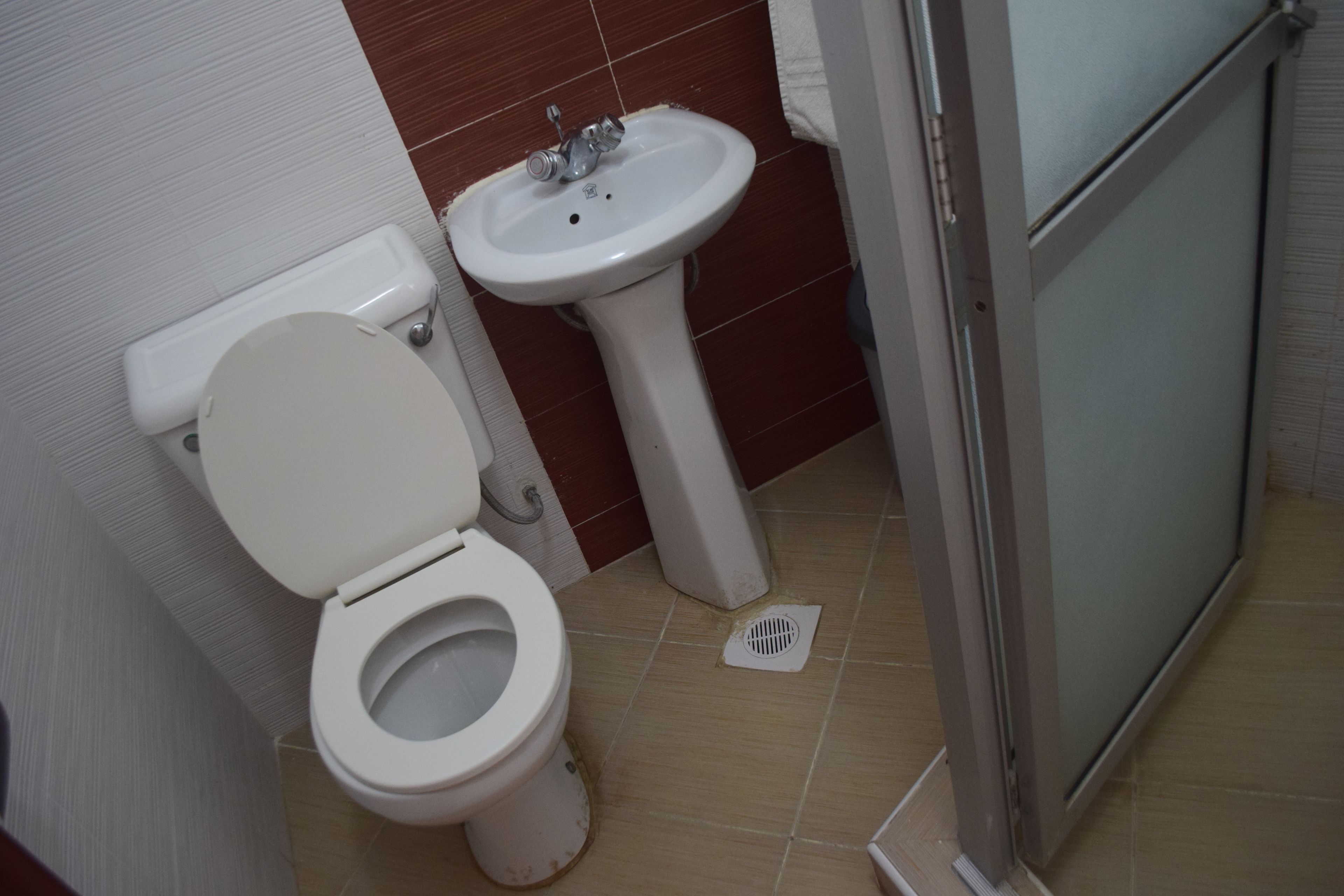 A bathroom with a toilet, sink, and shower.