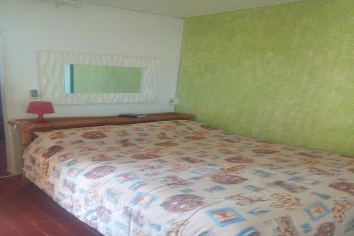 Une chambre à coucher avec un lit, une table de chevet, une lampe, un miroir et un mur vert.