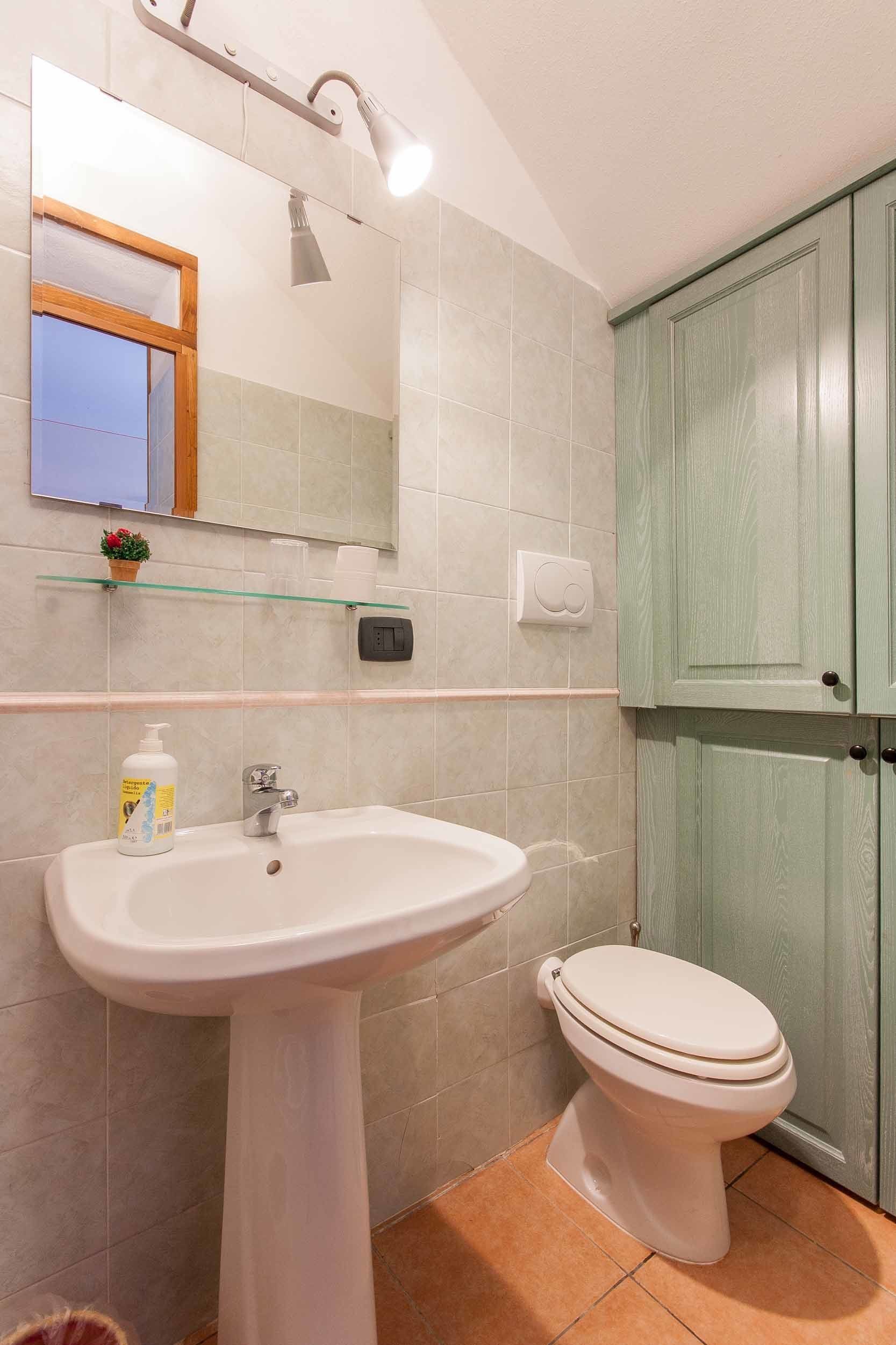 Ein Badezimmer mit einem Standwaschbecken, einer Toilette, einem Spiegel und einer Duschbrause.