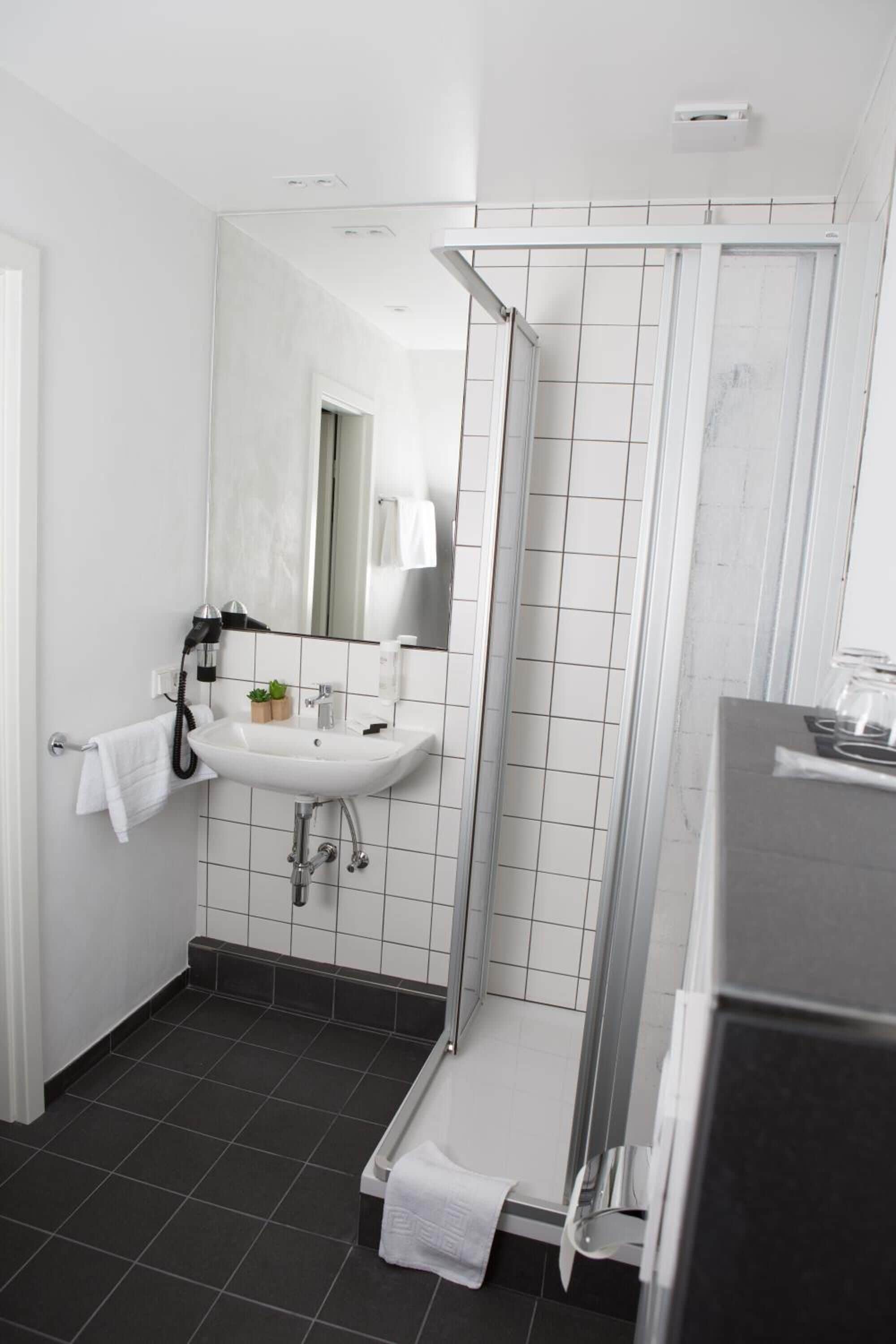 shower, free toiletries, hair dryer, towels