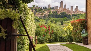 A garden with a pathway leading to a view of a historic town with medieval architecture. - B & B La Cornice - Gina Room With Bathroom and Private Terrace (San Gimignano)