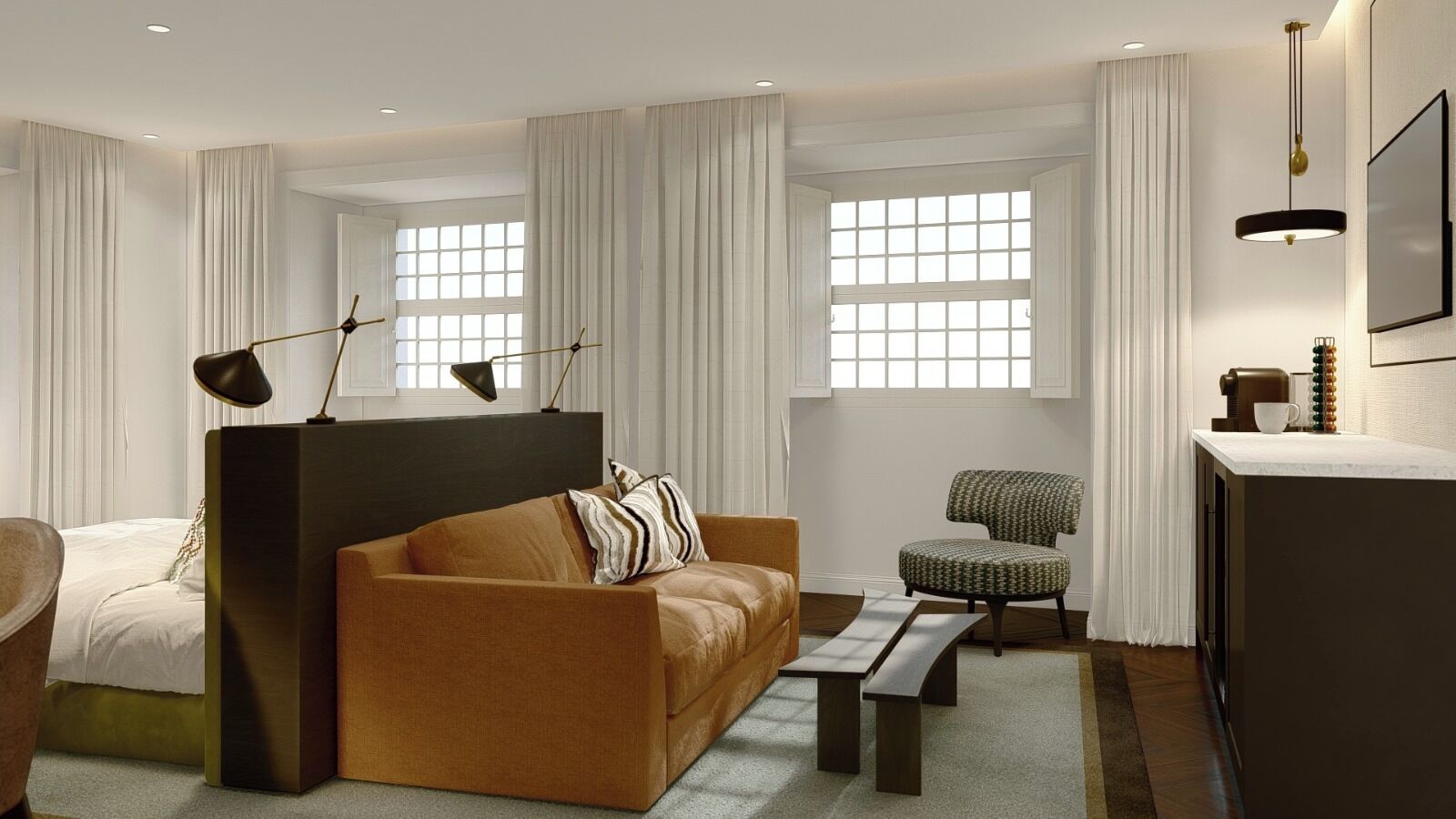 Een minibar, een kluis op de kamer, geluiddichte muren