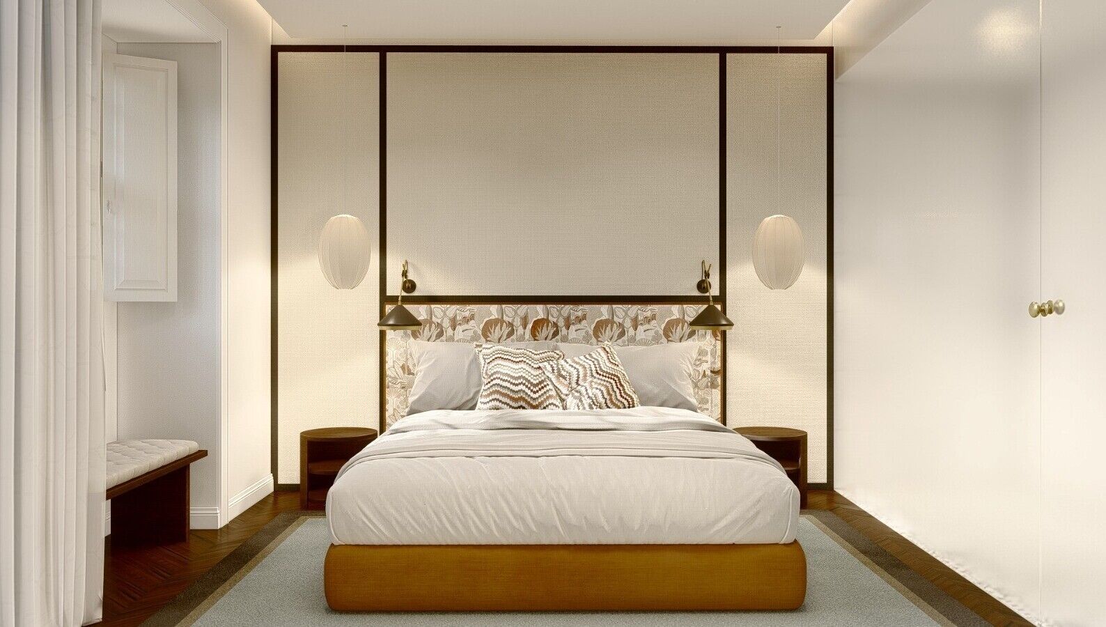Une chambre à coucher avec un grand lit, deux tables de chevet, un banc et un luminaire fixé au mur.