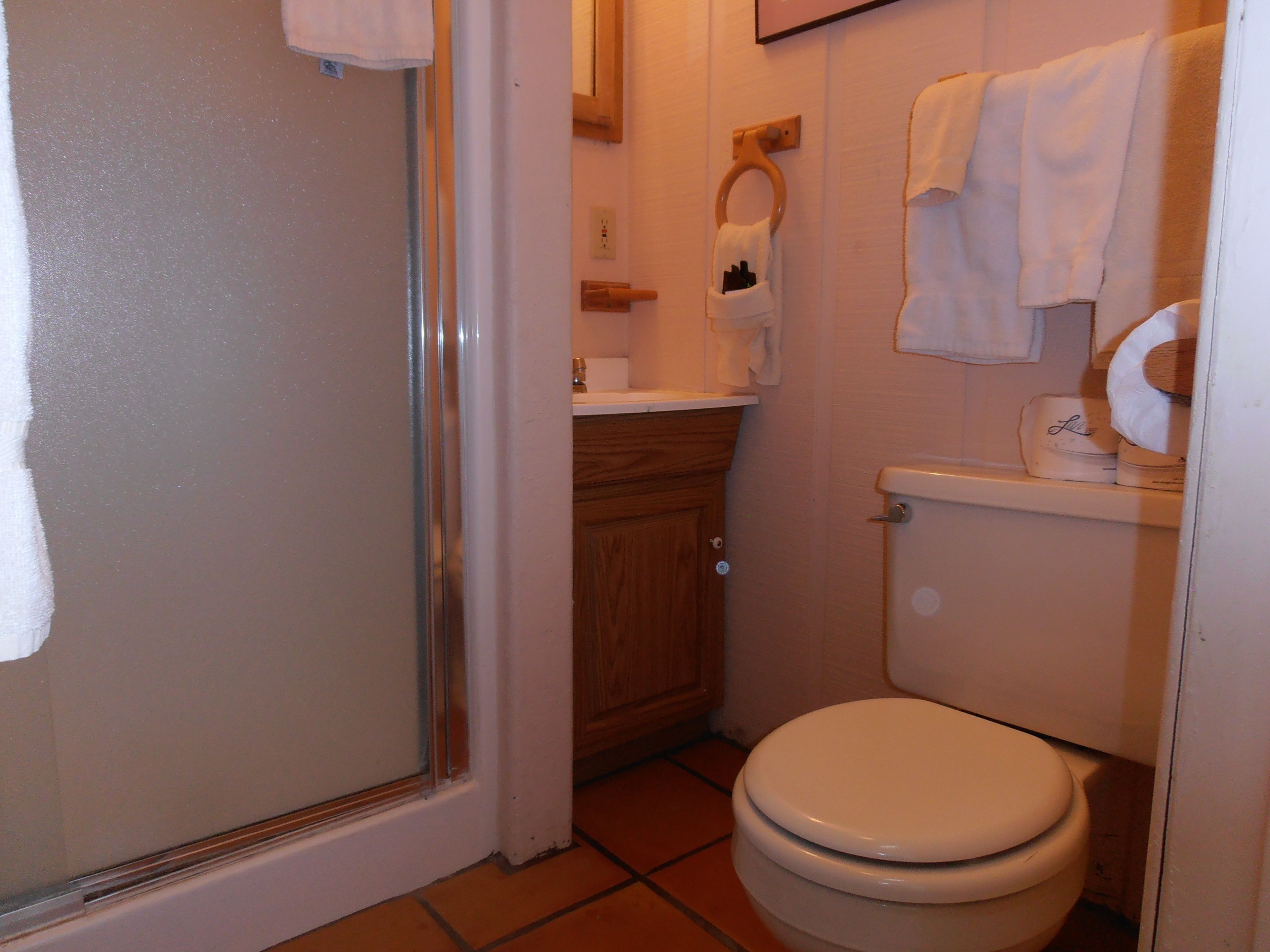 Un baño pequeño con inodoro, lavabo y ducha.