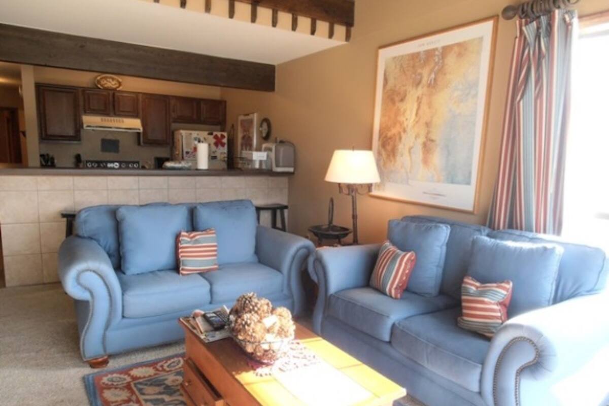 A living room with two blue sofas, a wooden coffee table, and a patterned rug.