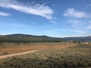 Paisaje rural con un camino de tierra, vegetación escasa y montañas lejanas bajo un cielo despejado.