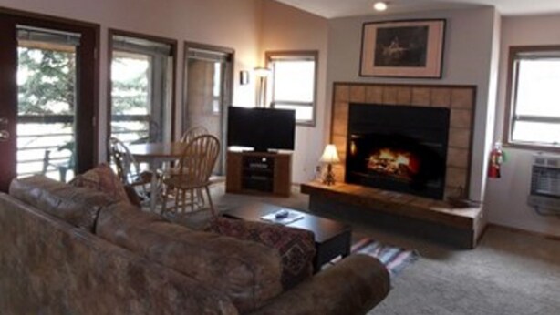 A living room with a fireplace, a television, and a sofa. - Ski Run (Angel Fire)