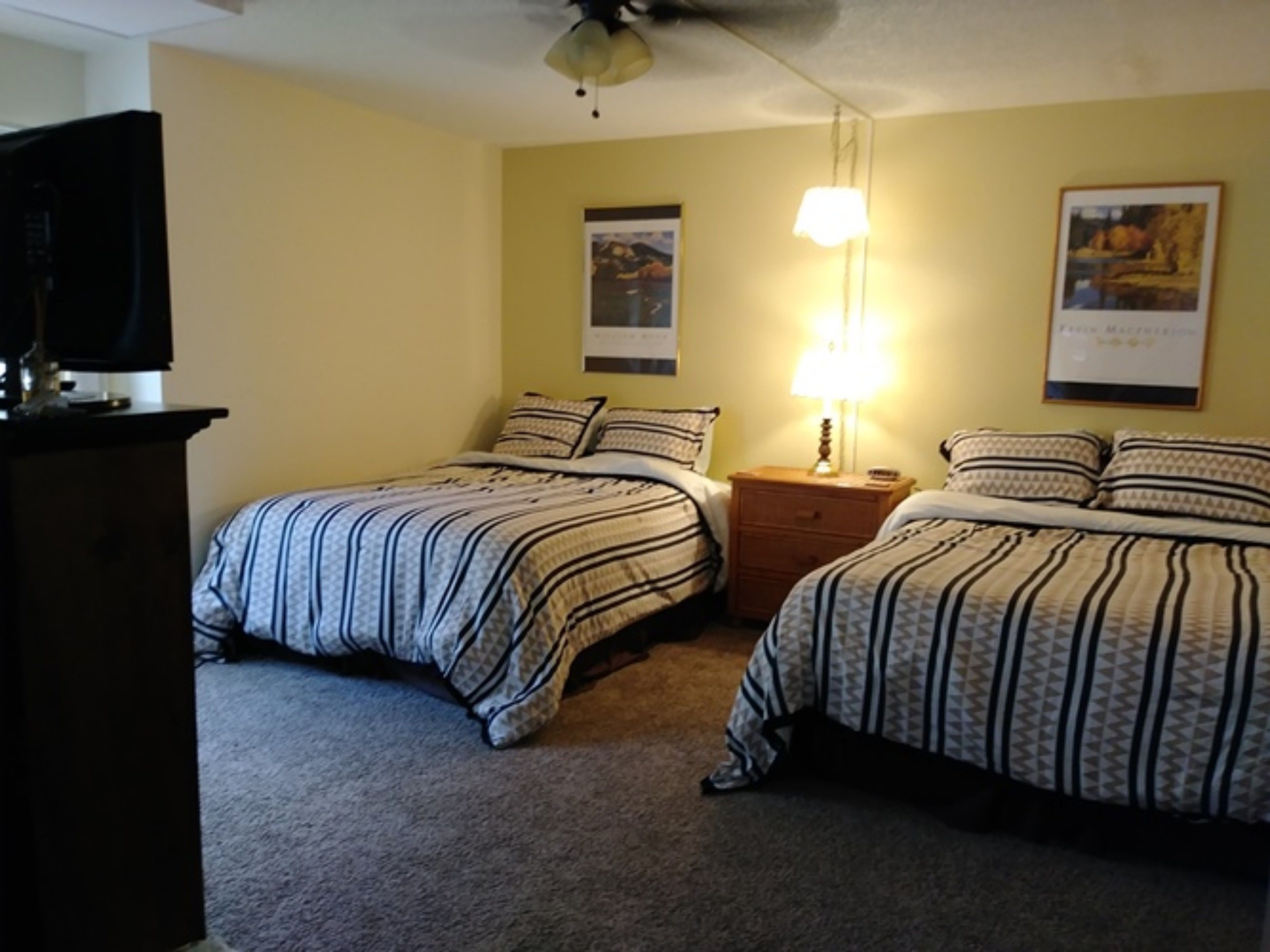 A bedroom with two beds, a nightstand, a lamp, and a ceiling fan.