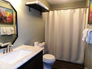 A bathroom with a sink, toilet, and shower curtain. - The Wren (Angel Fire)