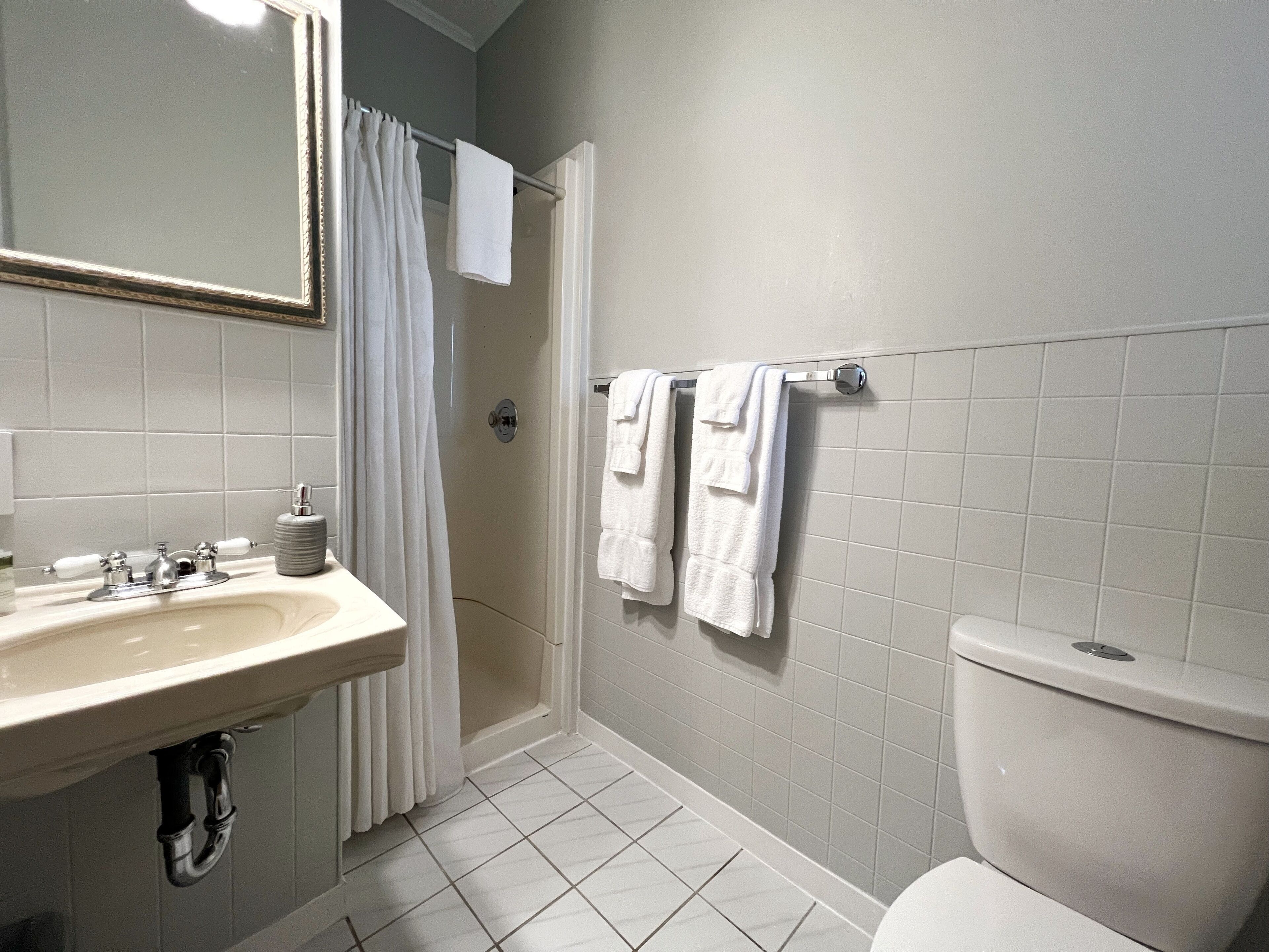 A bathroom with a sink, mirror, shower, and toilet.
