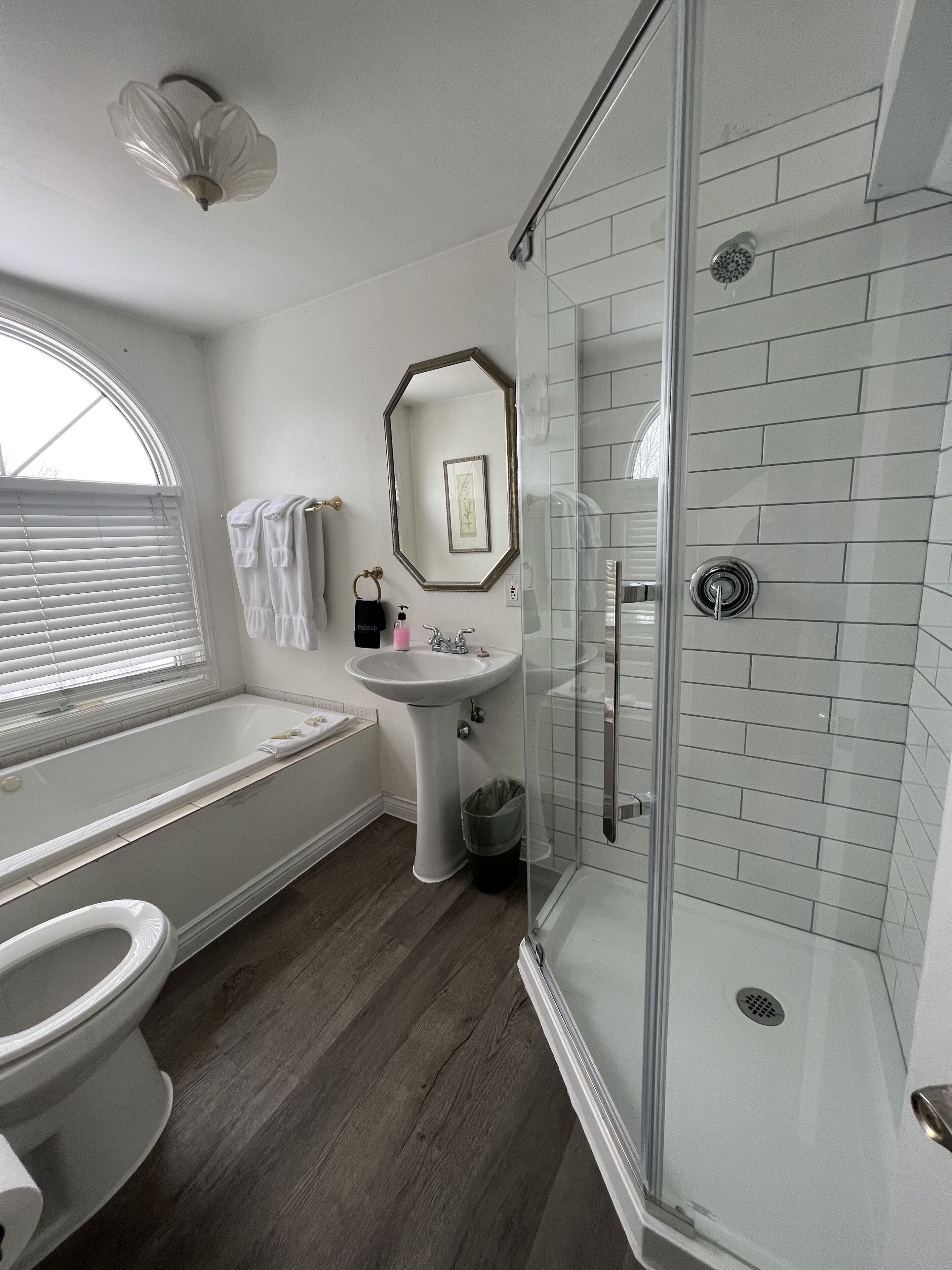 Une salle de bain avec une douche à parois de verre, un lavabo, des toilettes et une baignoire.