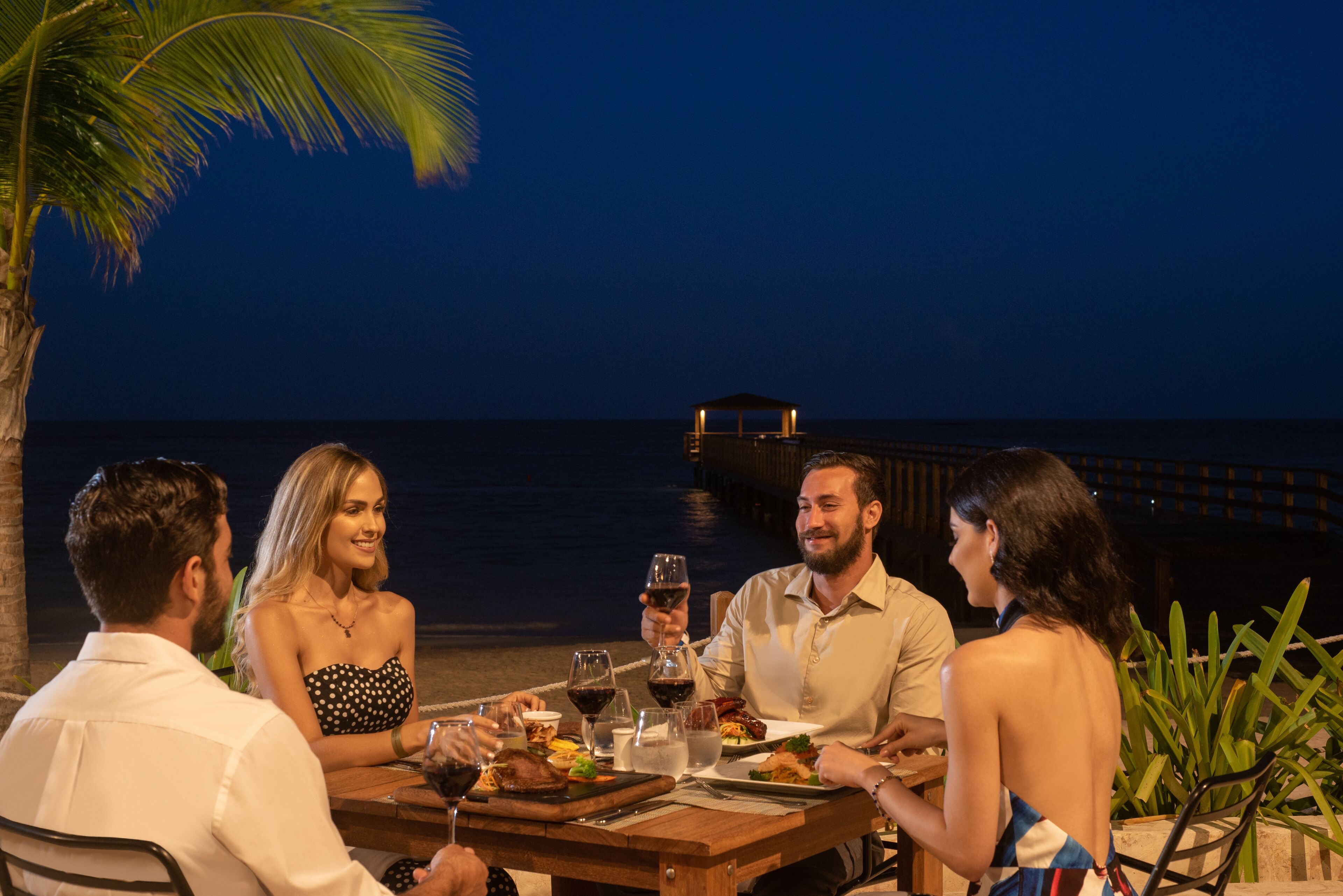 Un groupe de personnes est assis à une table en plein air, devant un paysage offrant une vue sur l’océan et un quai en arrière-plan.