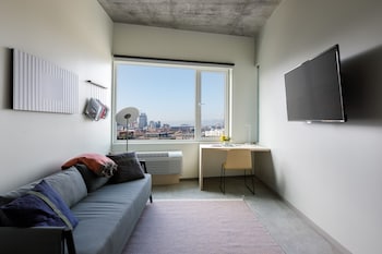 Hotel room view looking out at The Source Hotel