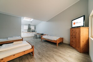 Familie appartement | Een bureau, verduisterende gordijnen, een strijkplank/strijkijzer