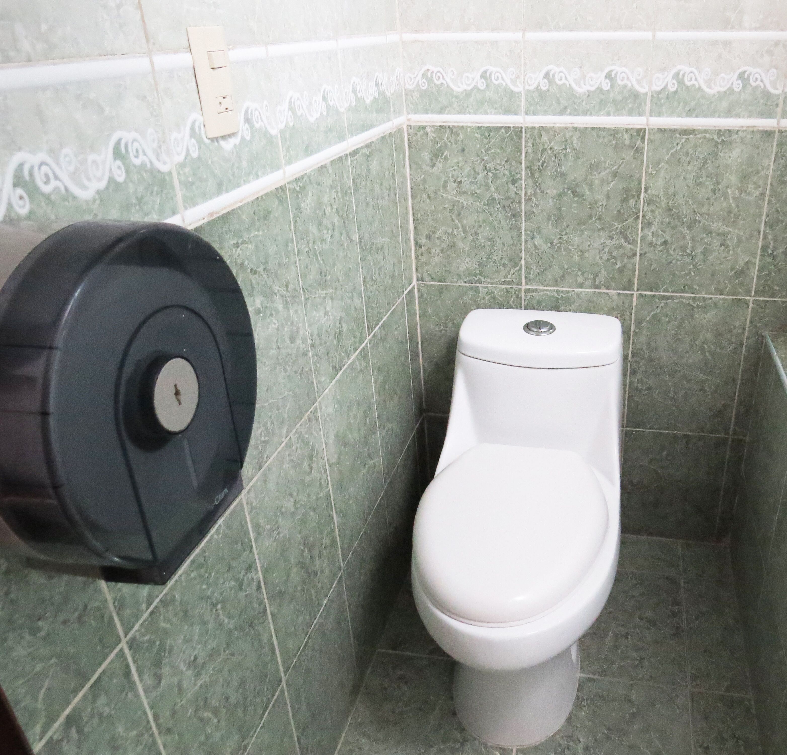 A restroom with a toilet and a paper towel dispenser.