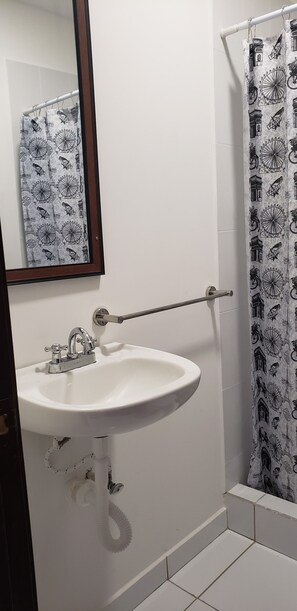 Eenvoudige tweepersoonskamer, 2 queensize bedden, en-suite badkamer, aan de binnenplaats | Badkamer | Een douche, gratis toiletartikelen