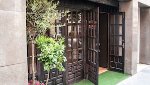 Une entrée d’immeuble avec une porte en bois foncé, un petit arbre et un espace recouvert de gazon synthétique vert.