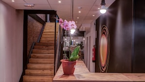 Un escalier en bois mène à une pièce où se trouve une plante en pot et un mur orné d’un motif circulaire.
