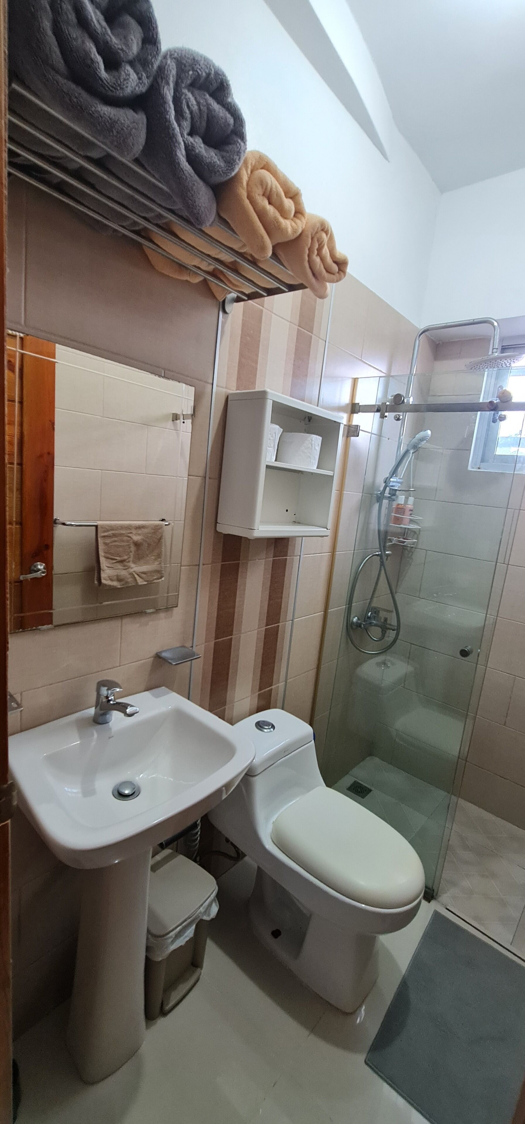 A bathroom with a sink, toilet, and glass-enclosed shower. Towels are hung on a rack above the sink.
