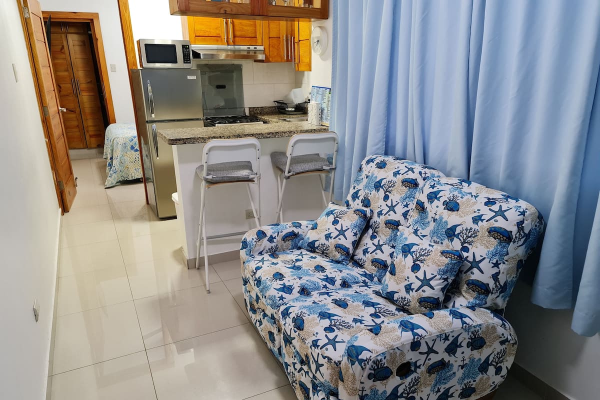 A living room with a sofa, a kitchen area with a refrigerator, microwave, and stove, and a wooden door.