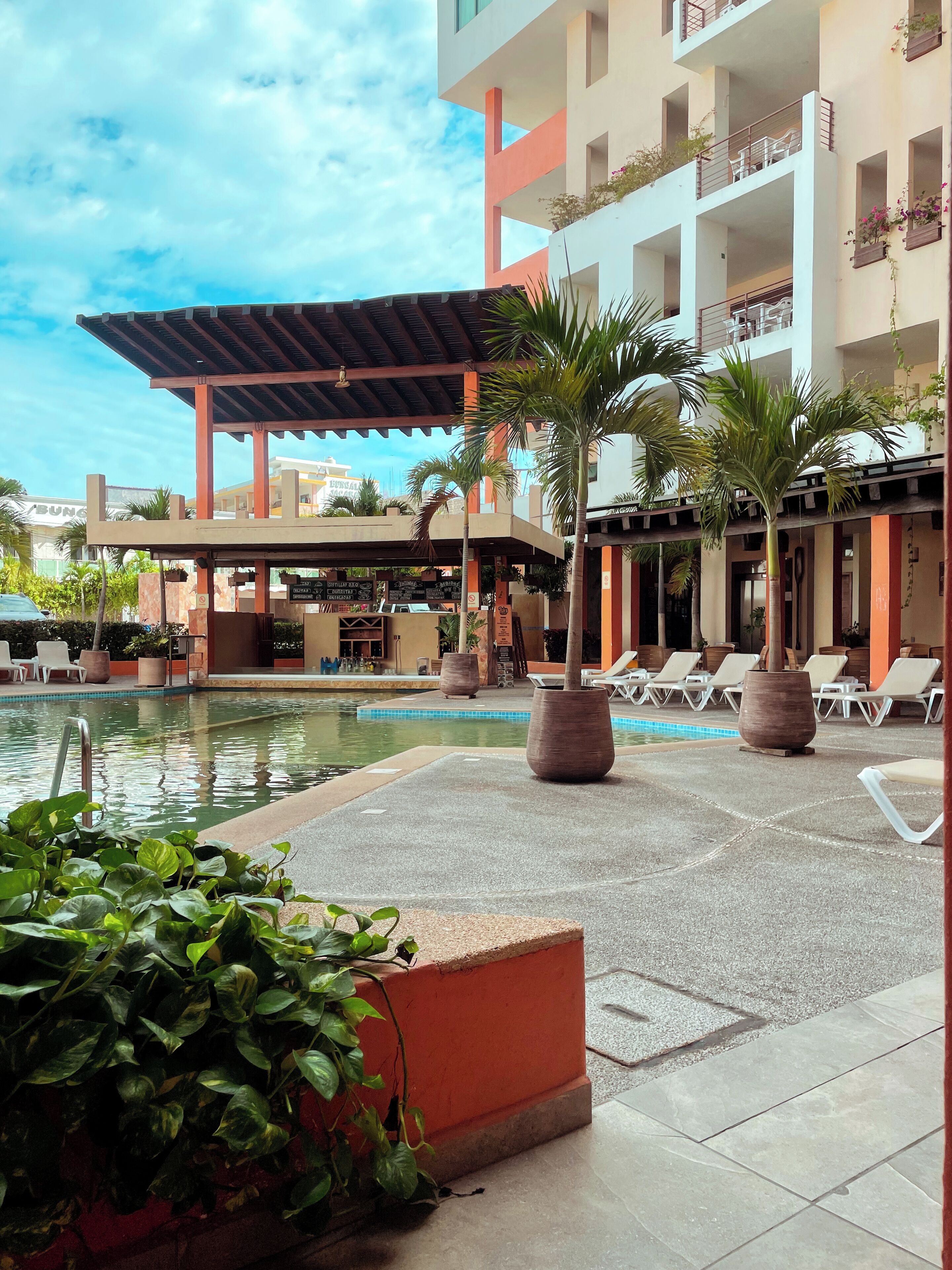 A pool area with lounge chairs and potted plants.