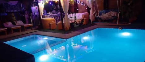 Outdoor pool, pool umbrellas, pool loungers