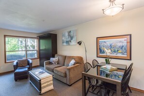 Smart TV, fireplace, books, stereo