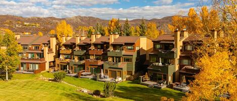 A residential area with modern houses, a well-maintained lawn, and autumn-colored trees.