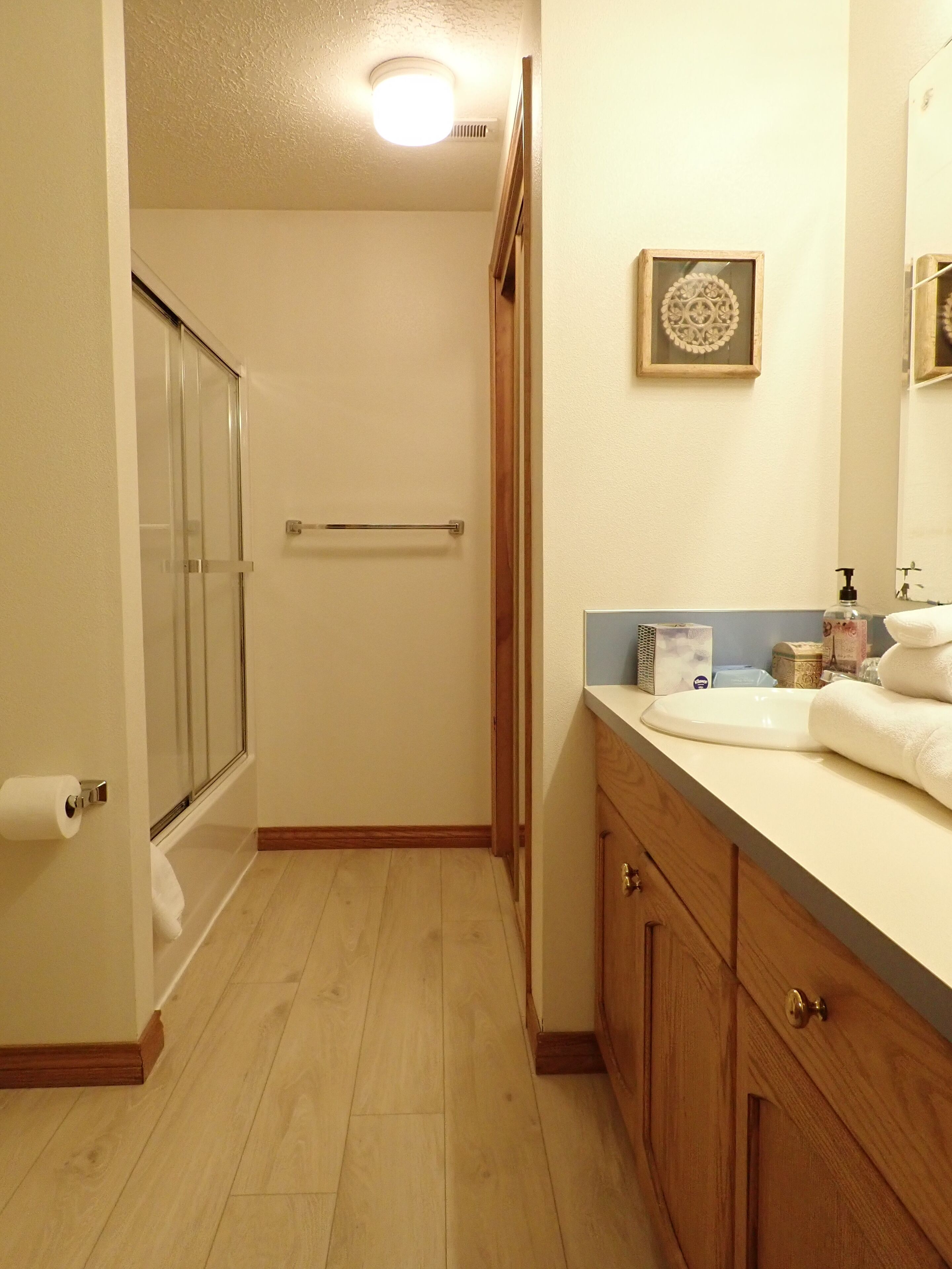Combined shower/tub, hair dryer, towels, soap