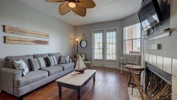 Smart TV, fireplace, books