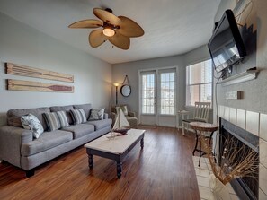 Smart TV, fireplace, books