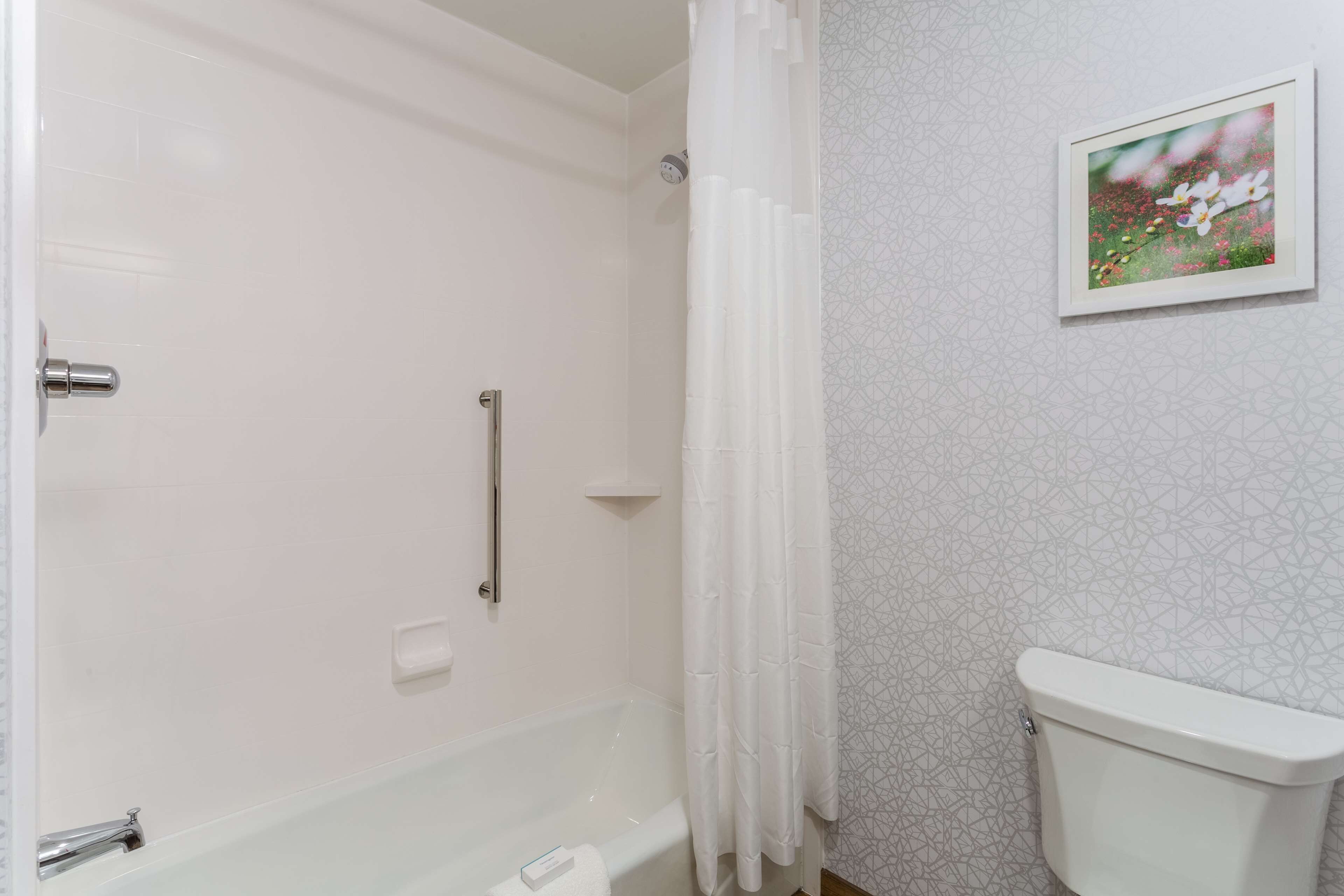 Une salle de bain avec une baignoire, des toilettes et un rideau de douche.