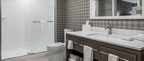 A modern bathroom with a glass shower enclosure, a white toilet, and a vanity with a mirror above.